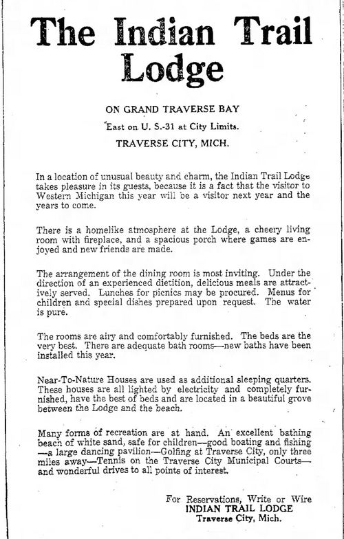 Indian Trail Lodge - June 27 1927 Ad For Original Lodge (newer photo)
